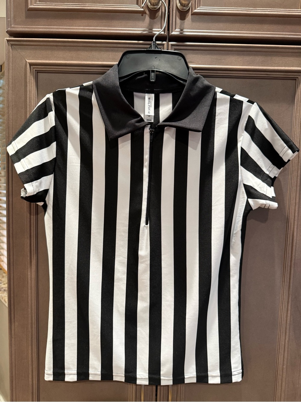 Women's Med. Halloween Costume Referee Black & White Vertical Stripe Polo Tee